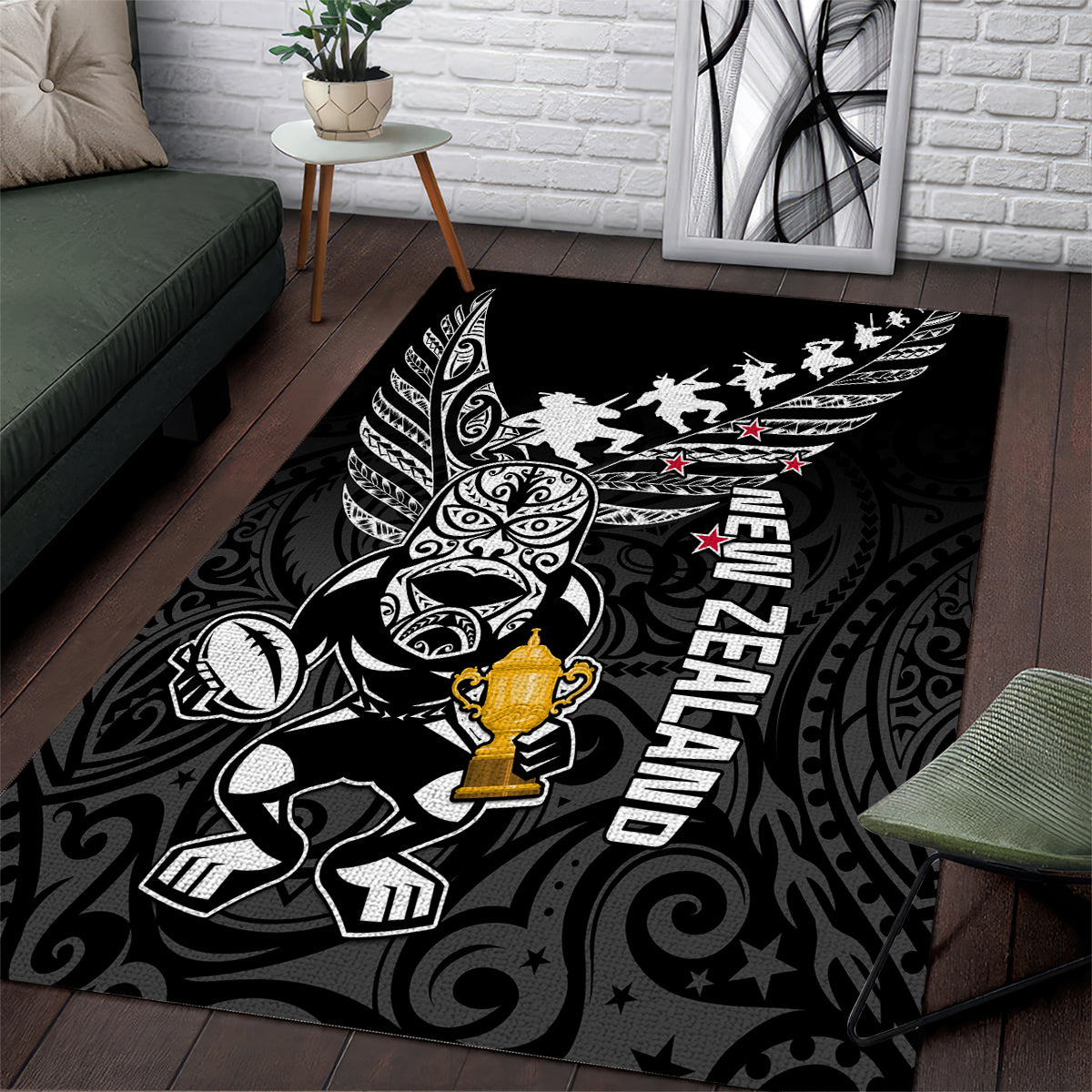 New Zealand Silver Fern Rugby Area Rug Aotearoa Champion 2023 World Cup LT01 Black - Polynesian Pride