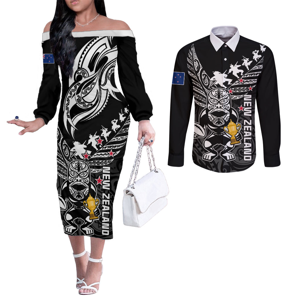 Custom New Zealand Silver Fern Rugby Couples Matching Off The Shoulder Long Sleeve Dress and Long Sleeve Button Shirt Aotearoa Champion 2023 World Cup LT01 Black - Polynesian Pride
