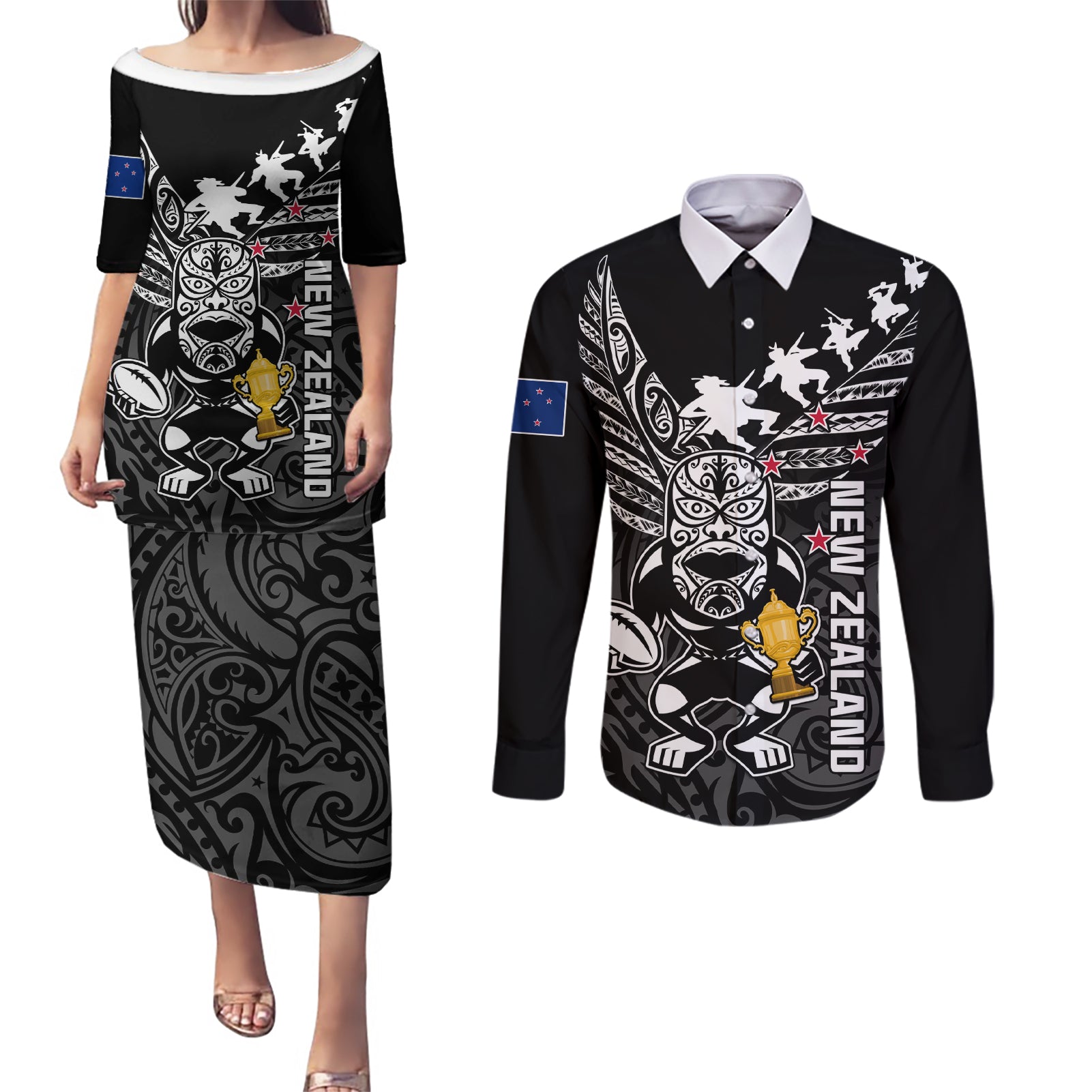 Custom New Zealand Silver Fern Rugby Couples Matching Puletasi Dress and Long Sleeve Button Shirt Aotearoa Champion 2023 World Cup LT01 Black - Polynesian Pride