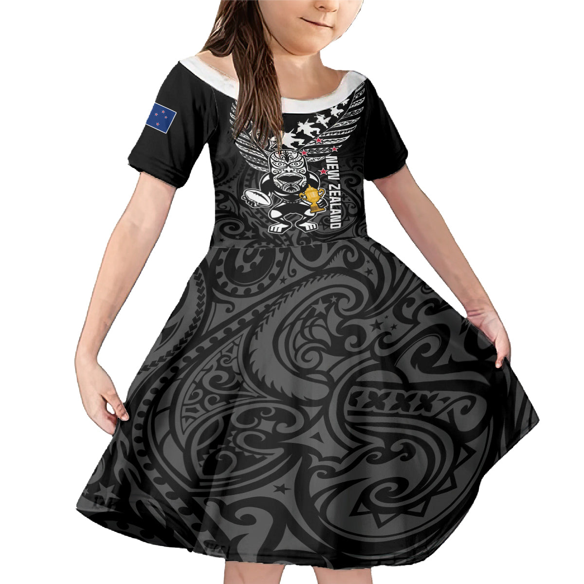 Custom New Zealand Silver Fern Rugby Family Matching Mermaid Dress and Hawaiian Shirt Aotearoa Champion 2023 World Cup LT01 Daughter's Dress Black - Polynesian Pride