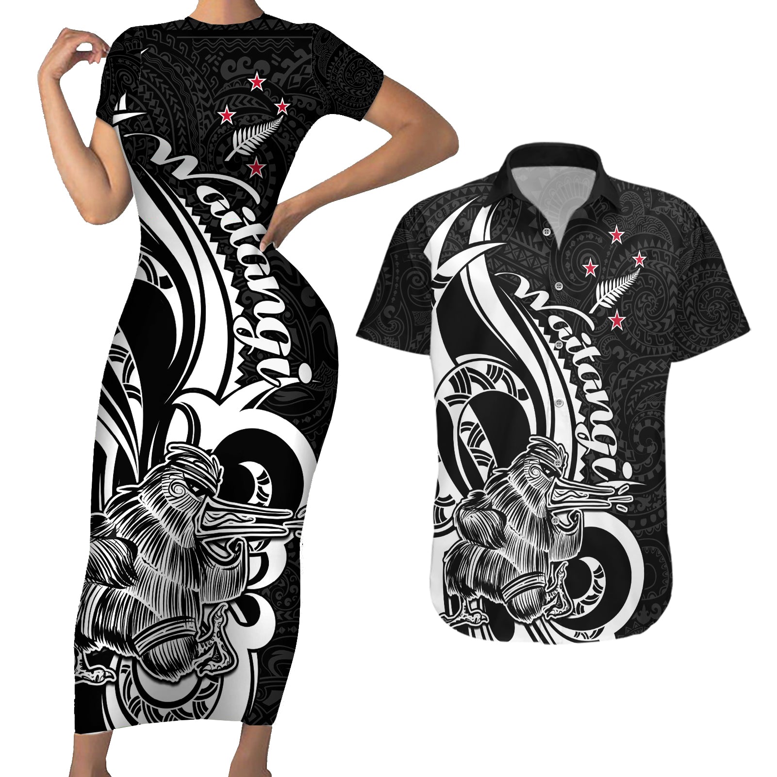 New Zealand Waitangi Day Couples Matching Short Sleeve Bodycon Dress and Hawaiian Shirt Aotearoa Te Tiriti O Waitangi Kiwi Black Version LT01 Black - Polynesian Pride