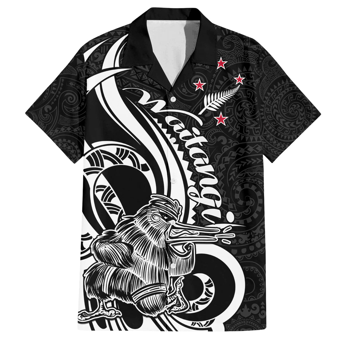 New Zealand Waitangi Day Family Matching Off Shoulder Long Sleeve Dress and Hawaiian Shirt Aotearoa Te Tiriti O Waitangi Kiwi Black Version LT01 Dad's Shirt - Short Sleeve Black - Polynesian Pride