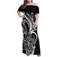 New Zealand Waitangi Day Family Matching Off Shoulder Maxi Dress and Hawaiian Shirt Aotearoa Te Tiriti O Waitangi Kiwi Black Version LT01 Mom's Dress Black - Polynesian Pride
