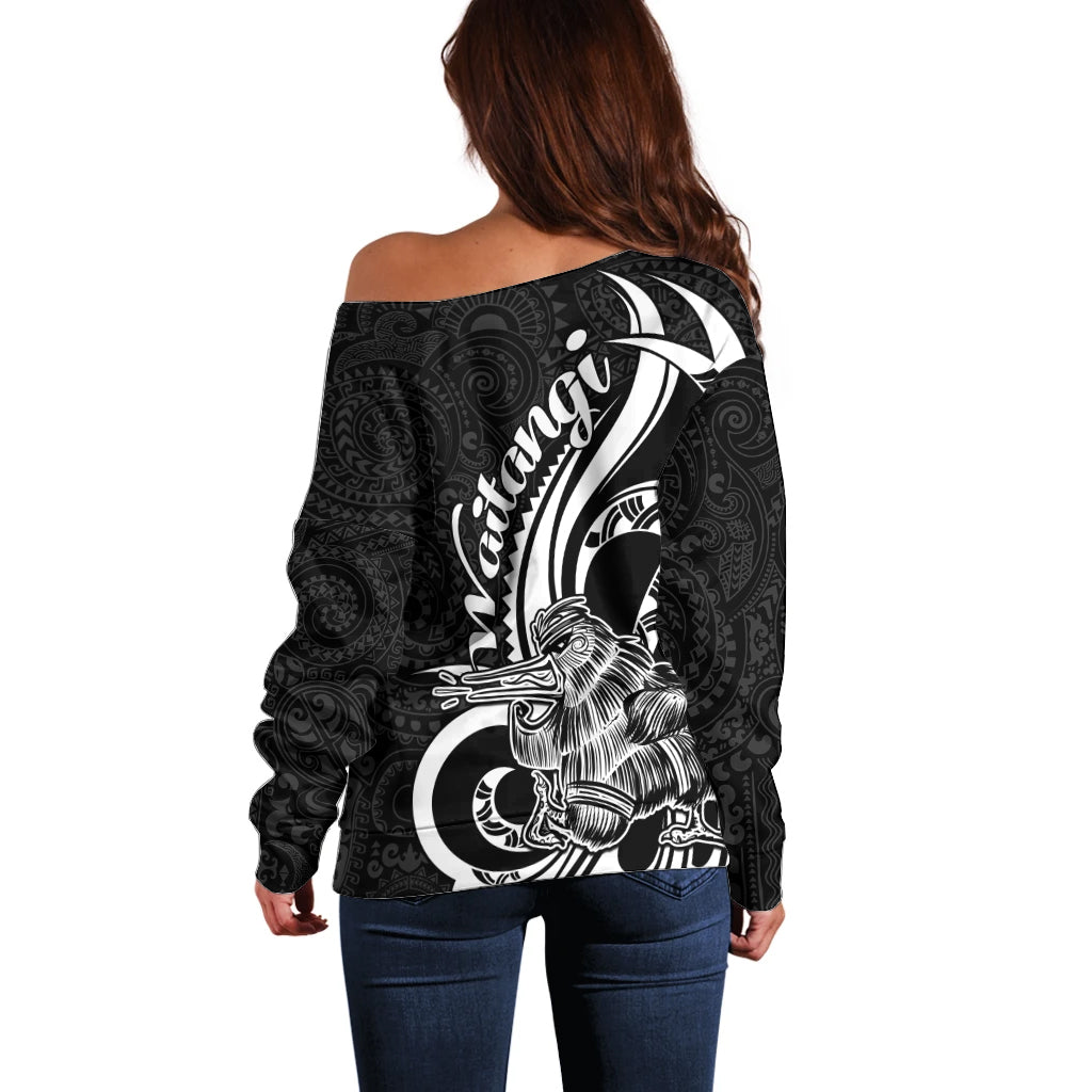 New Zealand Waitangi Day Off Shoulder Sweater Aotearoa Te Tiriti O Waitangi Kiwi Black Version LT01 - Polynesian Pride