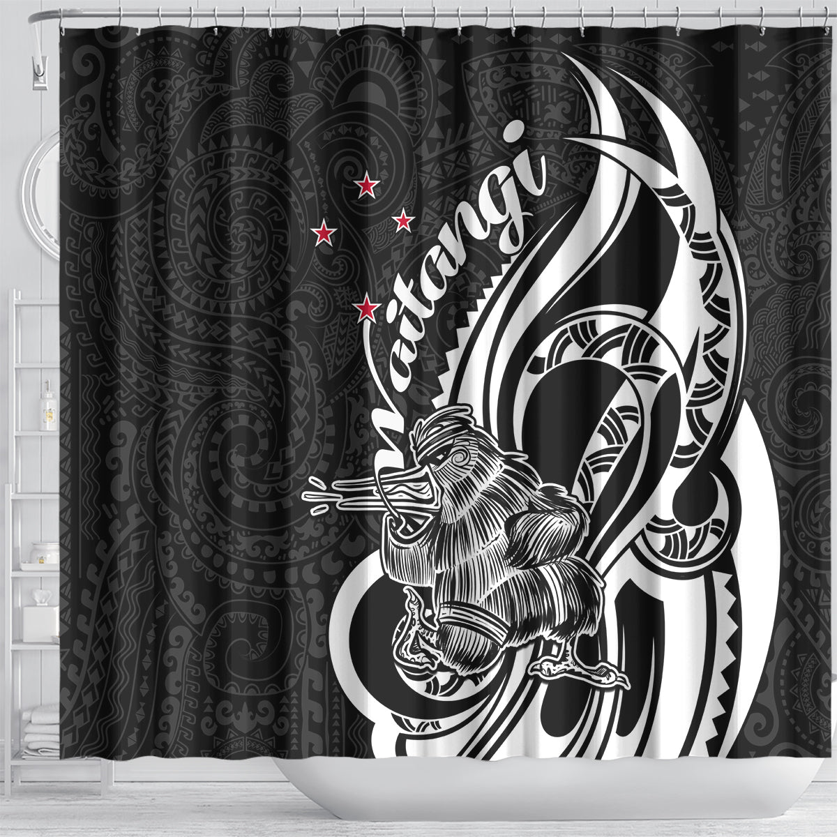 New Zealand Waitangi Day Shower Curtain Aotearoa Te Tiriti O Waitangi Kiwi Black Version LT01 - Polynesian Pride