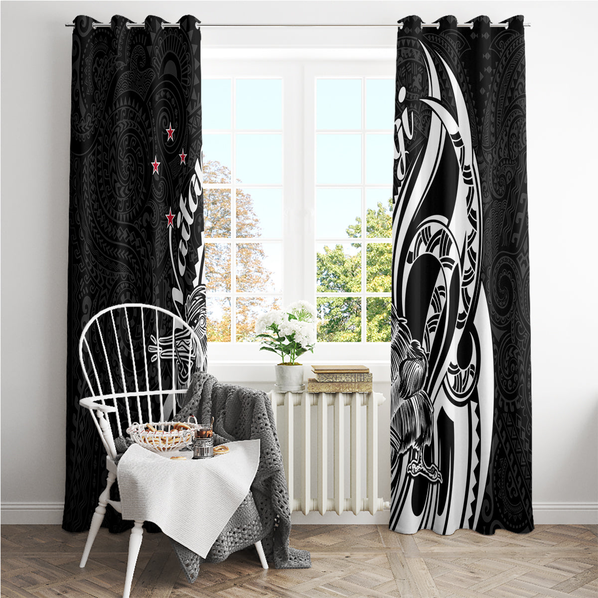 New Zealand Waitangi Day Window Curtain Aotearoa Te Tiriti O Waitangi Kiwi Black Version LT01 - Polynesian Pride