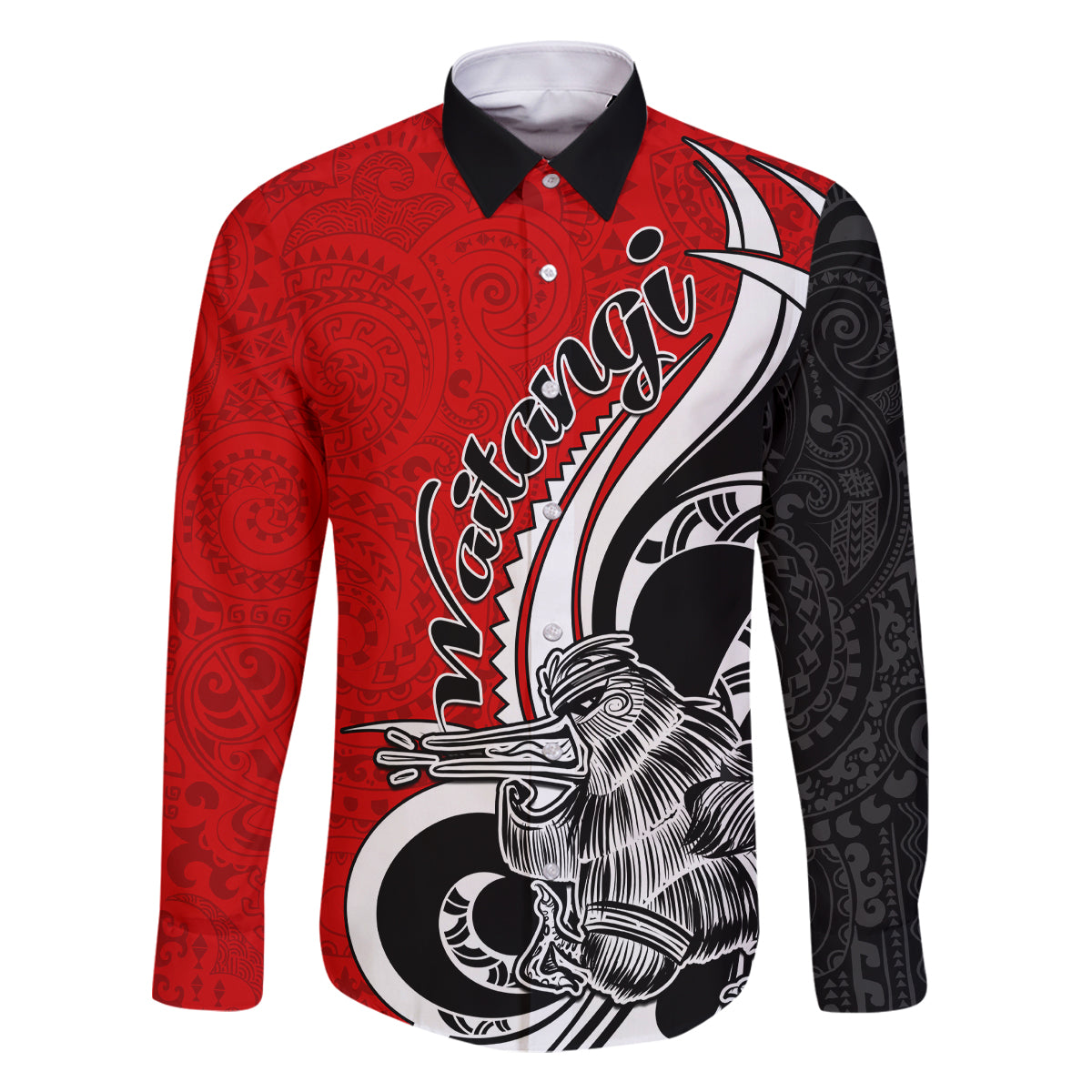 New Zealand Waitangi Day Family Matching Off Shoulder Maxi Dress and Hawaiian Shirt Aotearoa Te Tiriti O Waitangi Kiwi Red Version LT01 Dad's Shirt - Long Sleeve Red - Polynesian Pride