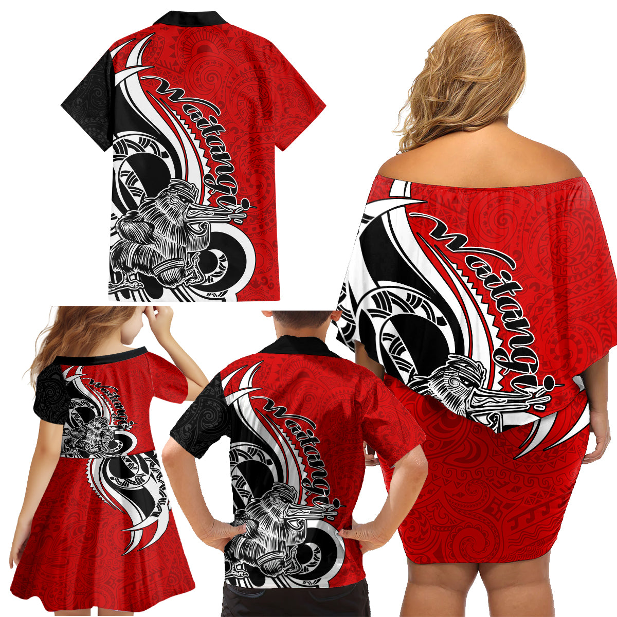 New Zealand Waitangi Day Family Matching Off Shoulder Short Dress and Hawaiian Shirt Aotearoa Te Tiriti O Waitangi Kiwi Red Version LT01 - Polynesian Pride