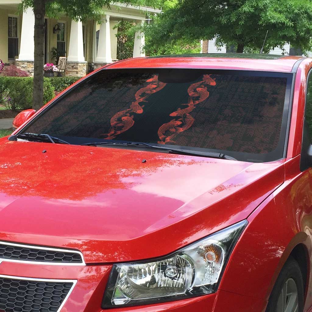 Hawaii Japan Koi Fish Red Auto Sun Shade Tapa Pattern - Polynesian Pride