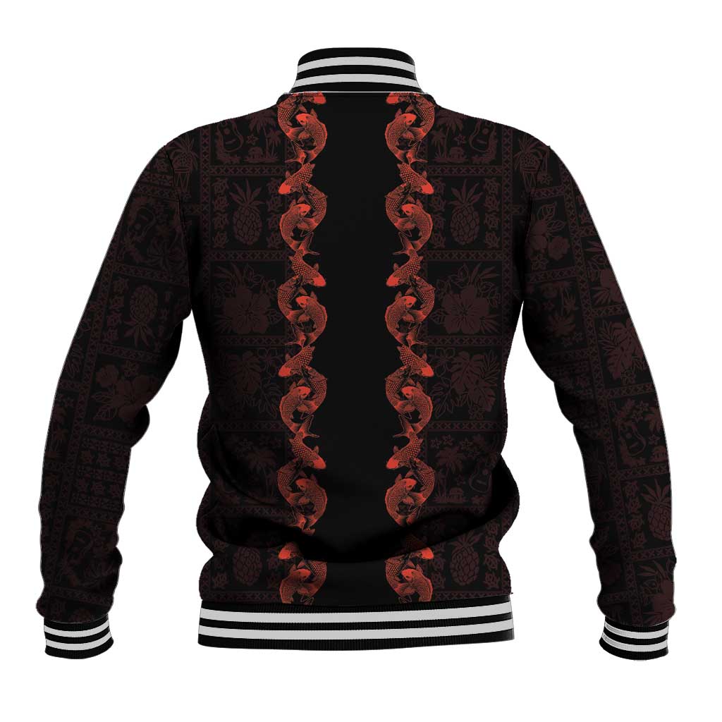 Hawaii Japan Koi Fish Red Baseball Jacket Tapa Pattern - Polynesian Pride