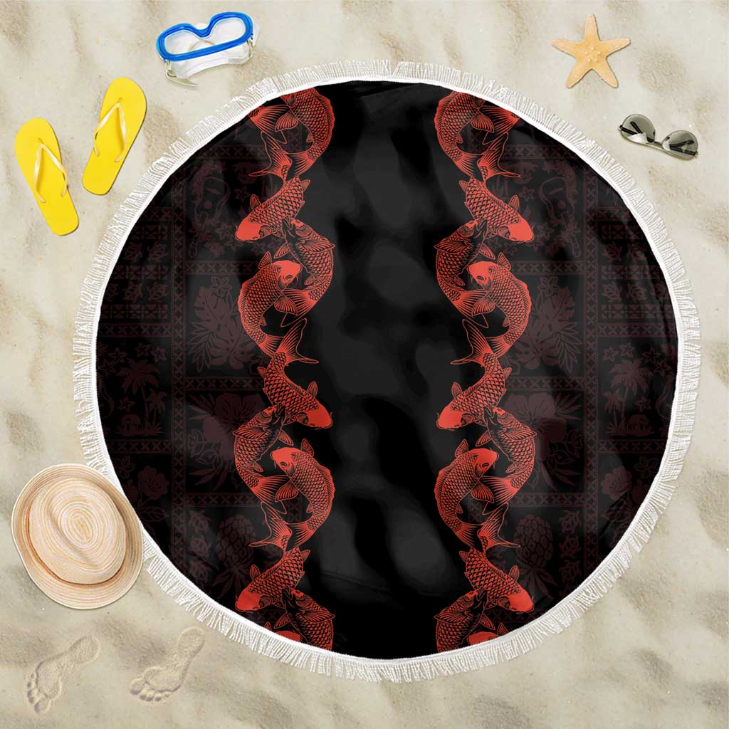Hawaii Japan Koi Fish Red Beach Blanket Tapa Pattern - Polynesian Pride