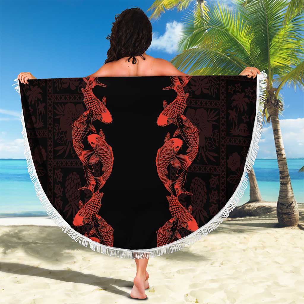 Hawaii Japan Koi Fish Red Beach Blanket Tapa Pattern - Polynesian Pride