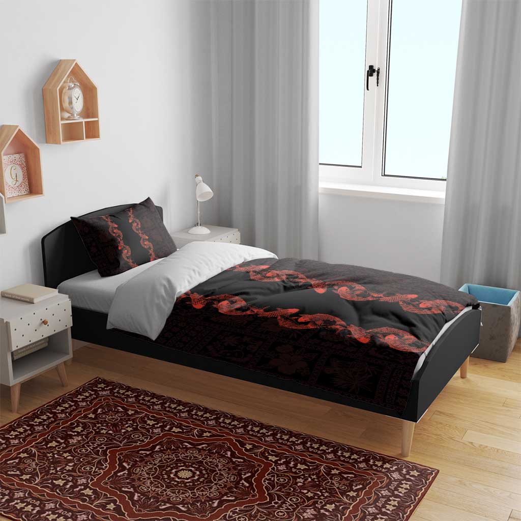 Hawaii Japan Koi Fish Red Bedding Set Tapa Pattern - Polynesian Pride