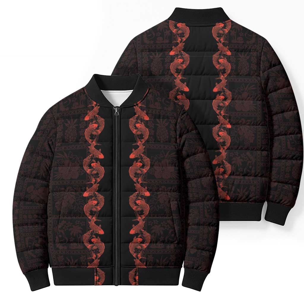 Hawaii Japan Koi Fish Red Bomber Puffer Jacket Tapa Pattern - Polynesian Pride