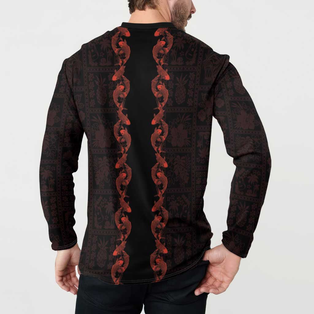 Hawaii Japan Koi Fish Red Button Sweatshirt Tapa Pattern - Polynesian Pride