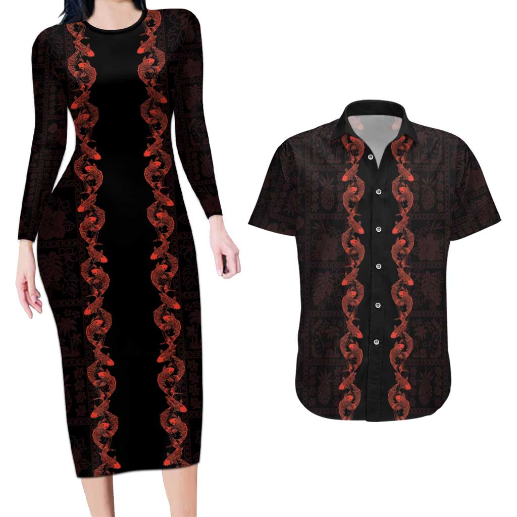 Hawaii Japan Koi Fish Red Couples Matching Long Sleeve Bodycon Dress and Hawaiian Shirt Tapa Pattern - Polynesian Pride