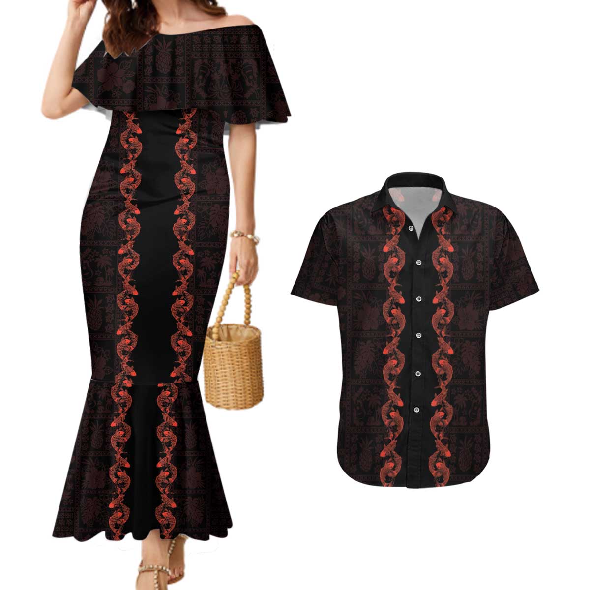 Hawaii Japan Koi Fish Red Couples Matching Mermaid Dress and Hawaiian Shirt Tapa Pattern - Polynesian Pride