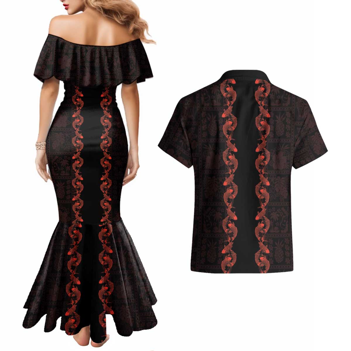Hawaii Japan Koi Fish Red Couples Matching Mermaid Dress and Hawaiian Shirt Tapa Pattern - Polynesian Pride