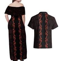 Hawaii Japan Koi Fish Red Couples Matching Off Shoulder Maxi Dress and Hawaiian Shirt Tapa Pattern - Polynesian Pride