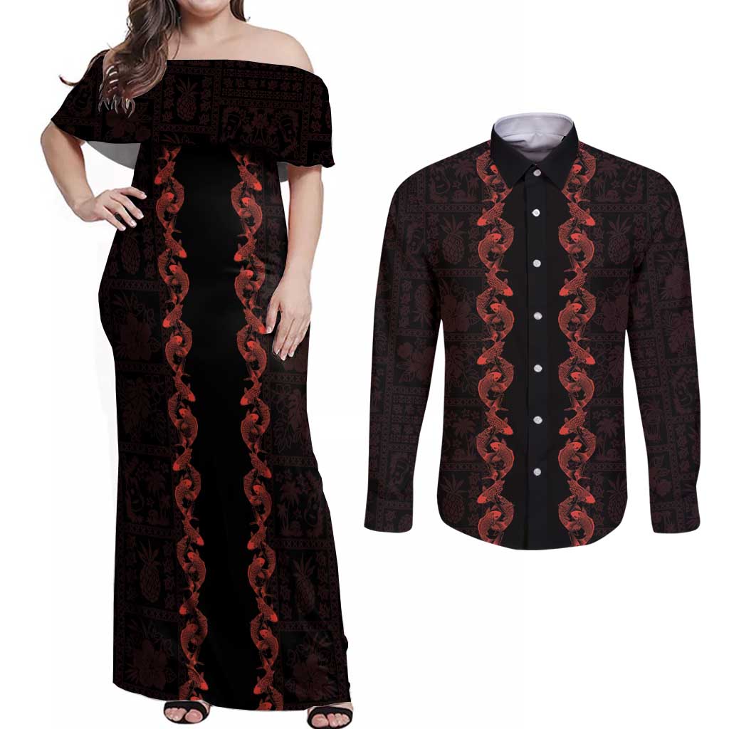 Hawaii Japan Koi Fish Red Couples Matching Off Shoulder Maxi Dress and Long Sleeve Button Shirt Tapa Pattern - Polynesian Pride