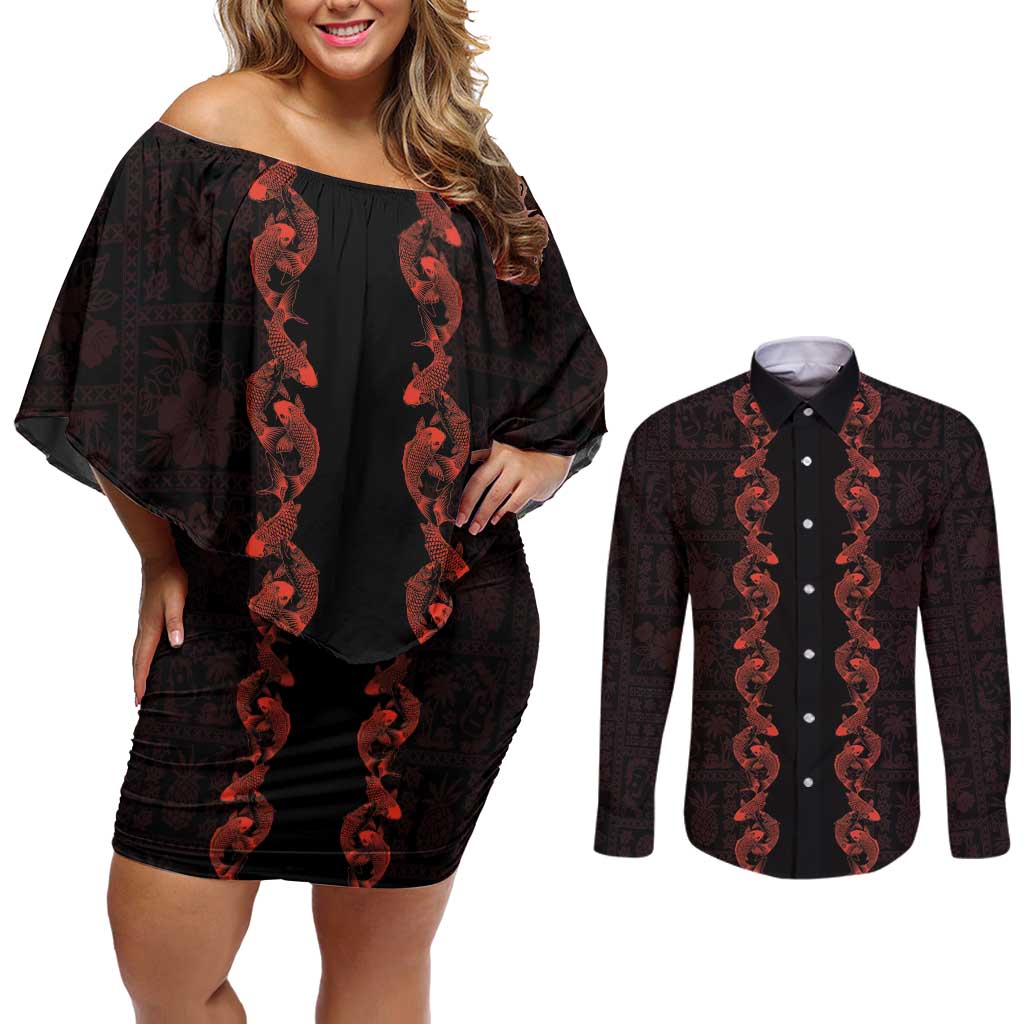 Hawaii Japan Koi Fish Red Couples Matching Off Shoulder Short Dress and Long Sleeve Button Shirt Tapa Pattern - Polynesian Pride