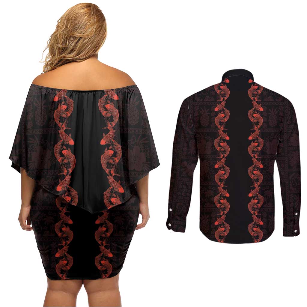 Hawaii Japan Koi Fish Red Couples Matching Off Shoulder Short Dress and Long Sleeve Button Shirt Tapa Pattern - Polynesian Pride