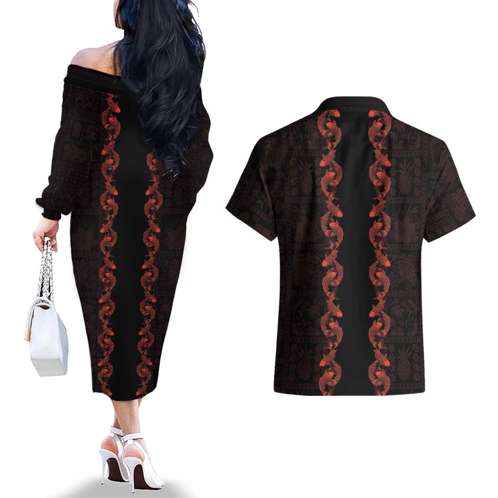 Hawaii Japan Koi Fish Red Couples Matching Off The Shoulder Long Sleeve Dress and Hawaiian Shirt Tapa Pattern - Polynesian Pride