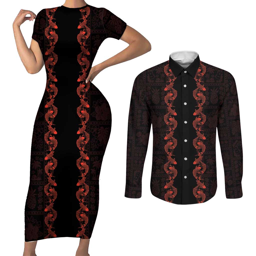 Hawaii Japan Koi Fish Red Couples Matching Short Sleeve Bodycon Dress and Long Sleeve Button Shirt Tapa Pattern - Polynesian Pride