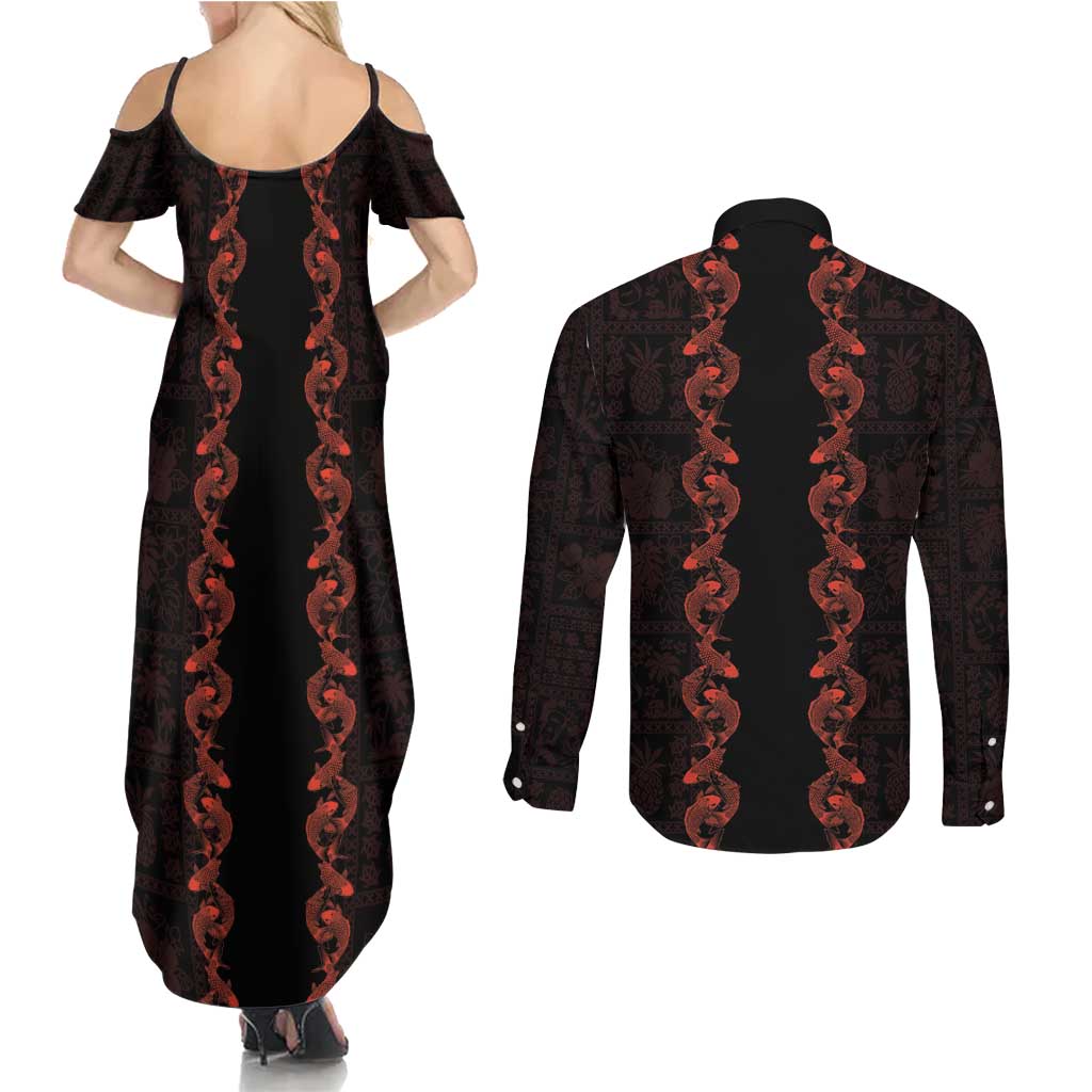 Hawaii Japan Koi Fish Red Couples Matching Summer Maxi Dress and Long Sleeve Button Shirt Tapa Pattern - Polynesian Pride