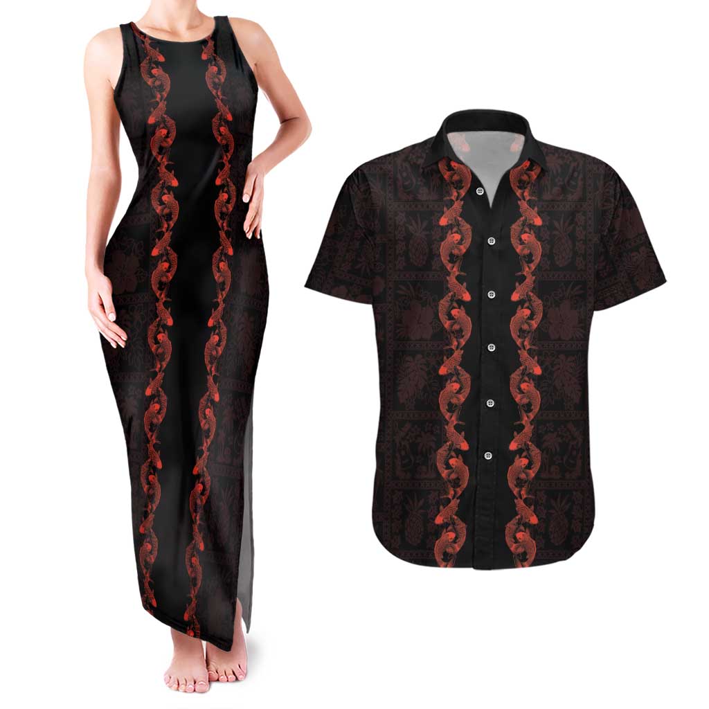 Hawaii Japan Koi Fish Red Couples Matching Tank Maxi Dress and Hawaiian Shirt Tapa Pattern - Polynesian Pride
