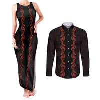 Hawaii Japan Koi Fish Red Couples Matching Tank Maxi Dress and Long Sleeve Button Shirt Tapa Pattern - Polynesian Pride