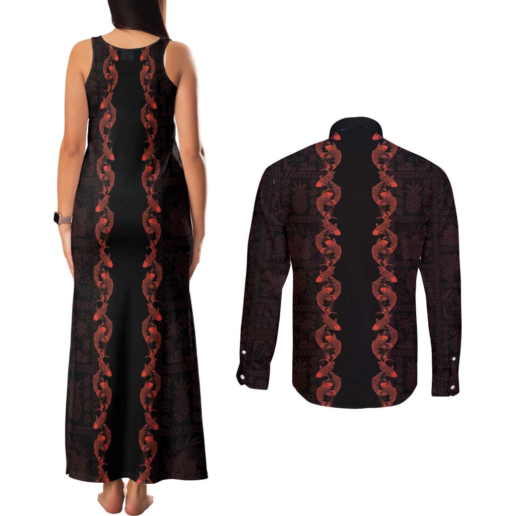 Hawaii Japan Koi Fish Red Couples Matching Tank Maxi Dress and Long Sleeve Button Shirt Tapa Pattern - Polynesian Pride