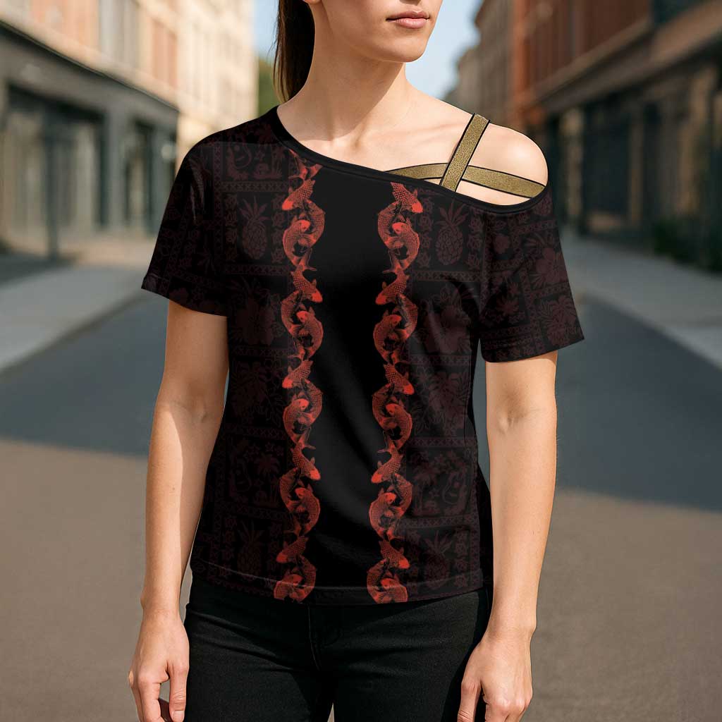 Hawaii Japan Koi Fish Red Cross Shoulder Shirt Tapa Pattern - Polynesian Pride