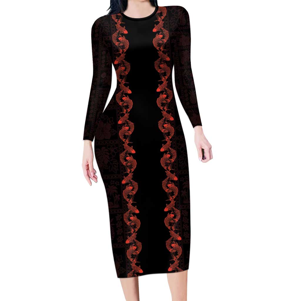 Hawaii Japan Koi Fish Red Family Matching Long Sleeve Bodycon Dress and Hawaiian Shirt Tapa Pattern - Polynesian Pride