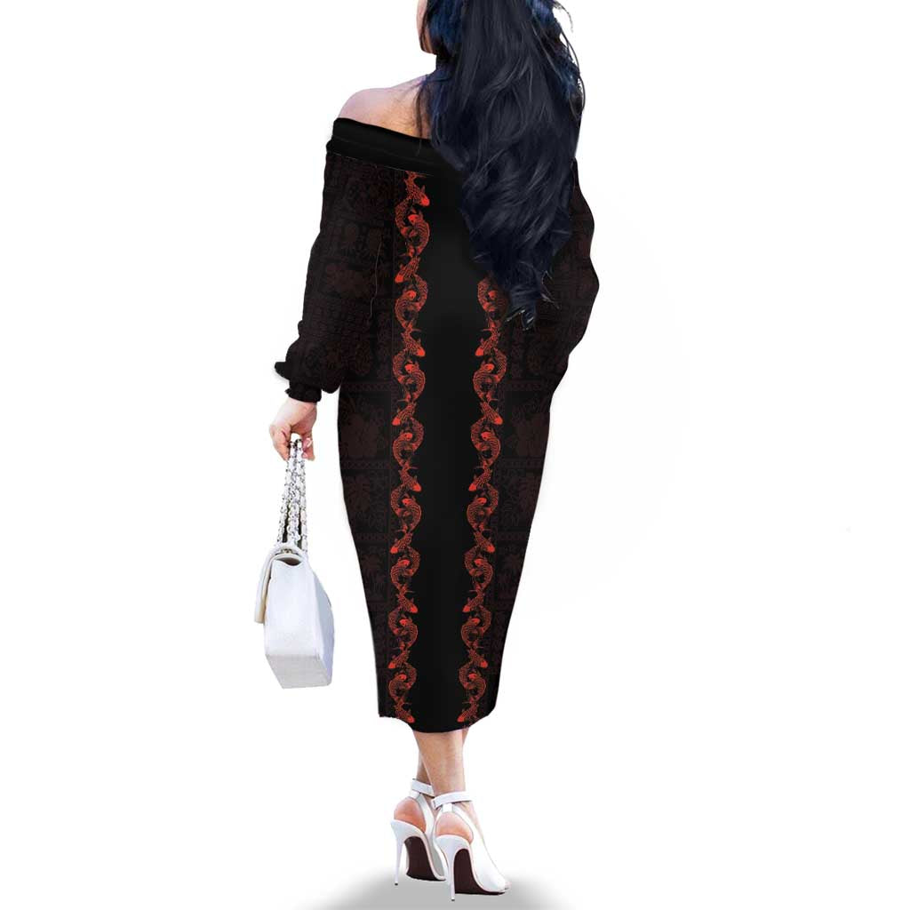 Hawaii Japan Koi Fish Red Family Matching Off The Shoulder Long Sleeve Dress and Hawaiian Shirt Tapa Pattern - Polynesian Pride