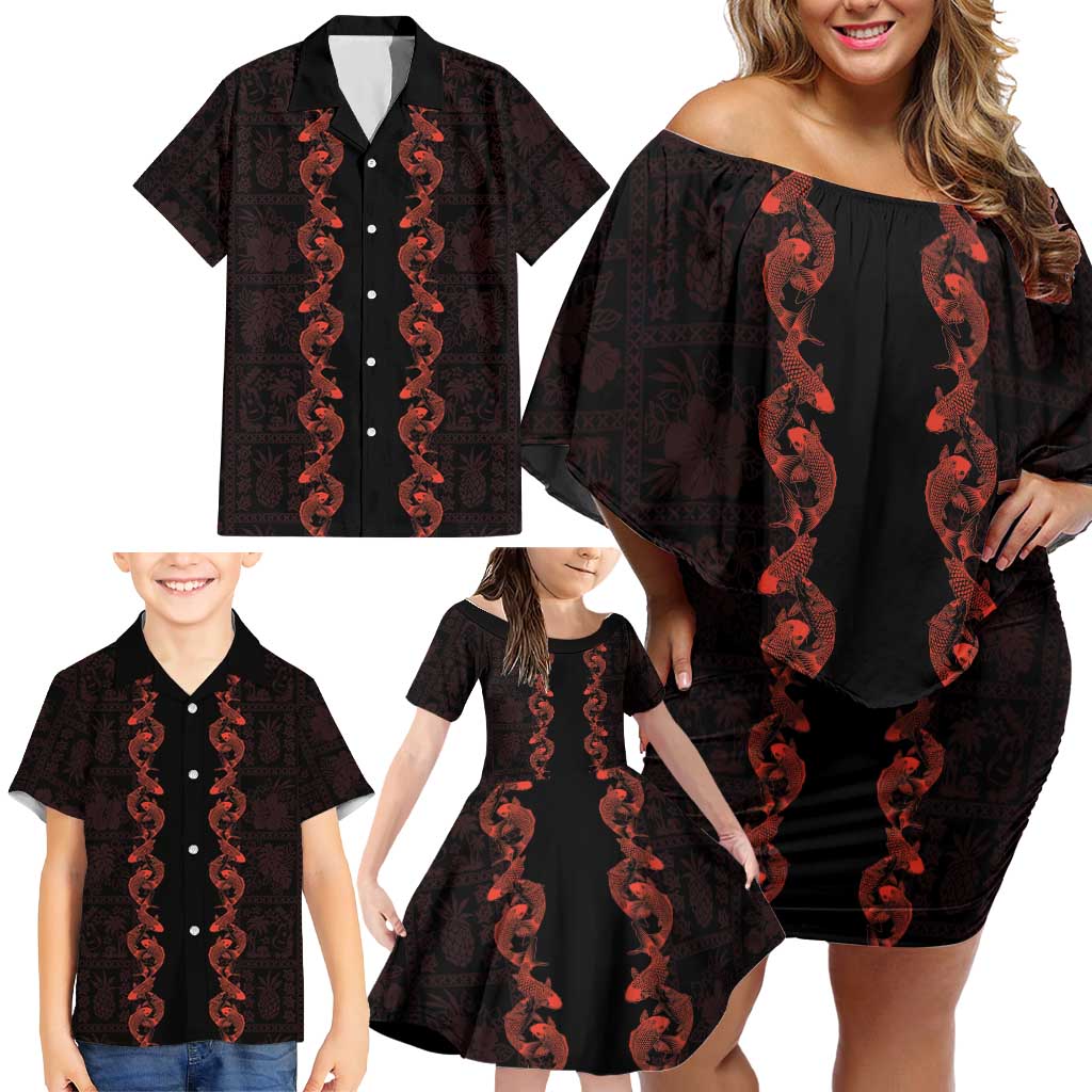 Hawaii Japan Koi Fish Red Family Matching Off Shoulder Short Dress and Hawaiian Shirt Tapa Pattern - Polynesian Pride