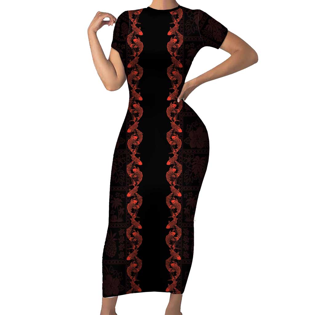 Hawaii Japan Koi Fish Red Family Matching Short Sleeve Bodycon Dress and Hawaiian Shirt Tapa Pattern - Polynesian Pride