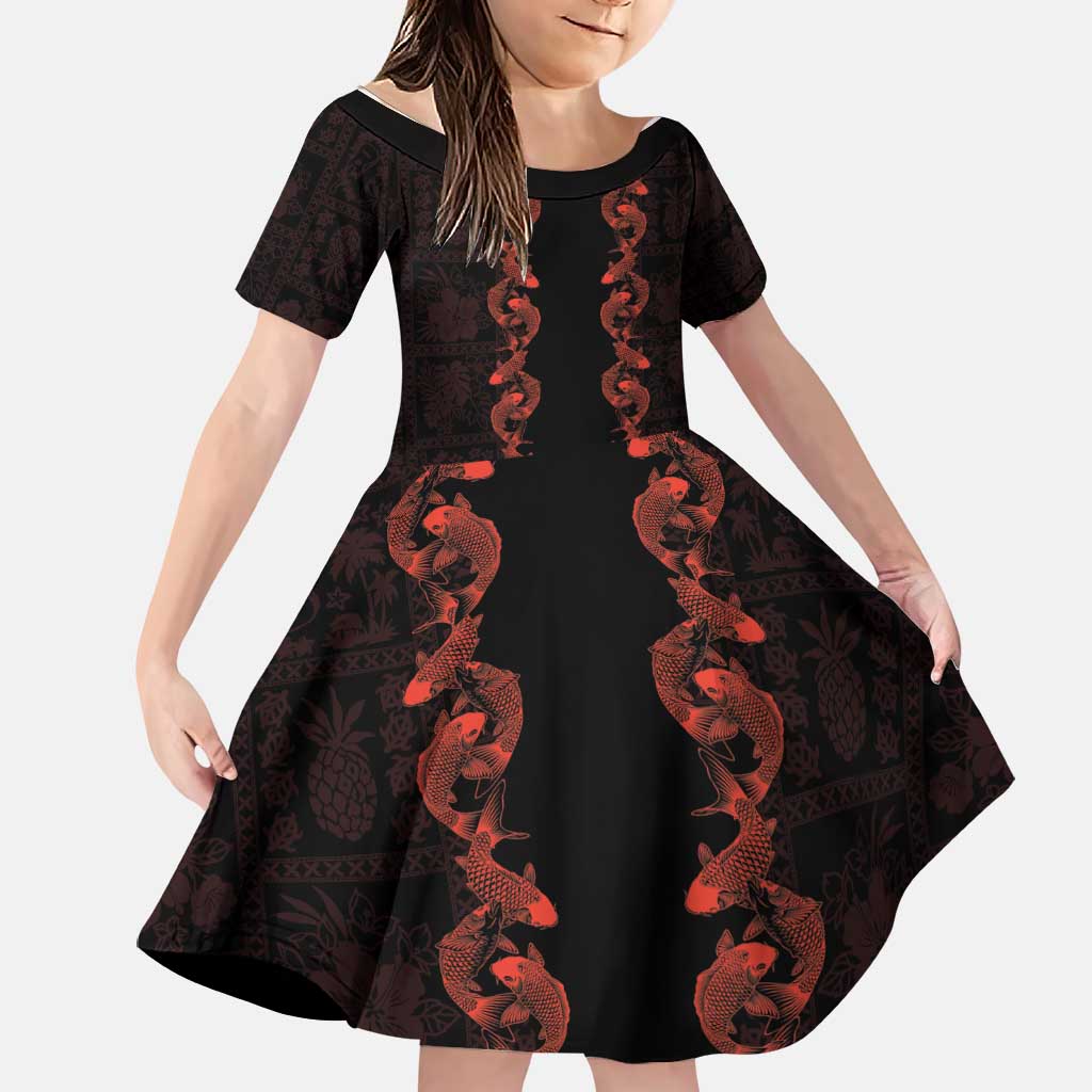 Hawaii Japan Koi Fish Red Family Matching Tank Maxi Dress and Hawaiian Shirt Tapa Pattern LT01 Daughter's Dress Red - Polynesian Pride