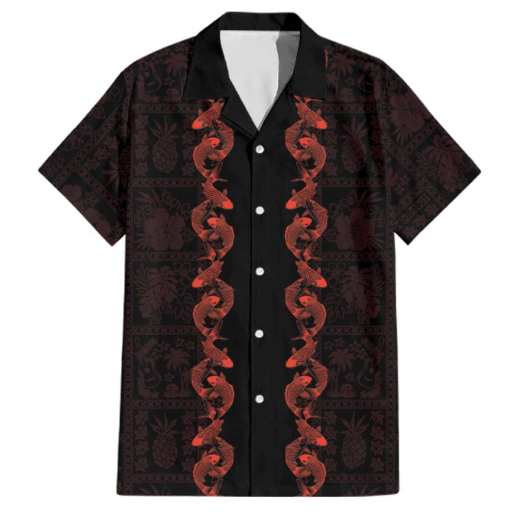 Hawaii Japan Koi Fish Red Family Matching Tank Maxi Dress and Hawaiian Shirt Tapa Pattern LT01 Dad's Shirt - Short Sleeve Red - Polynesian Pride