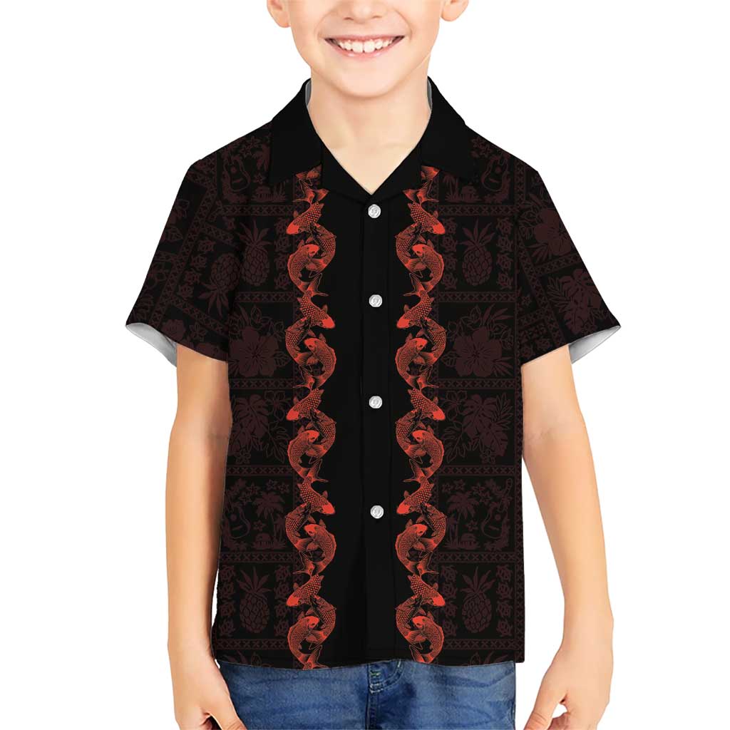 Hawaii Japan Koi Fish Red Family Matching Tank Maxi Dress and Hawaiian Shirt Tapa Pattern LT01 Son's Shirt Red - Polynesian Pride