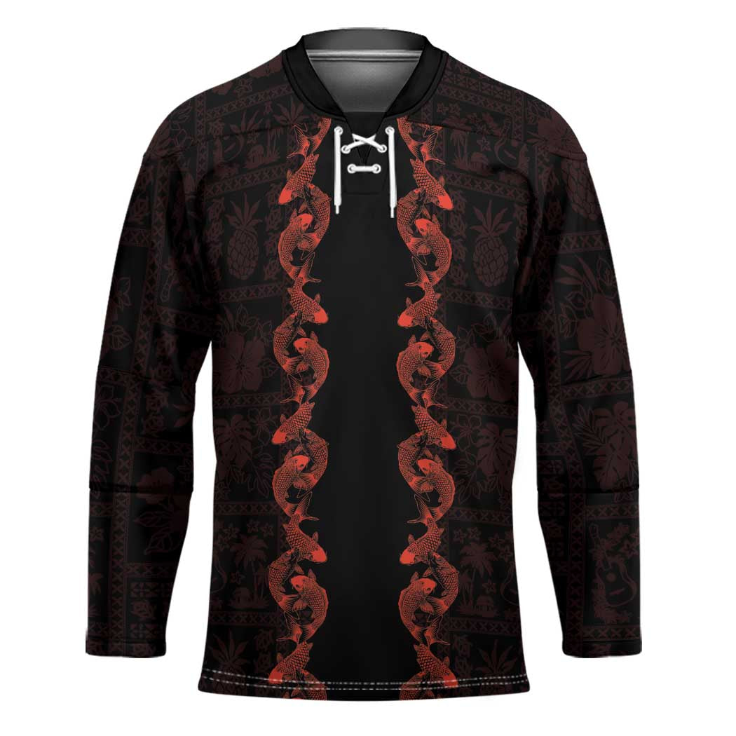 Hawaii Japan Koi Fish Red Hockey Jersey Tapa Pattern - Polynesian Pride
