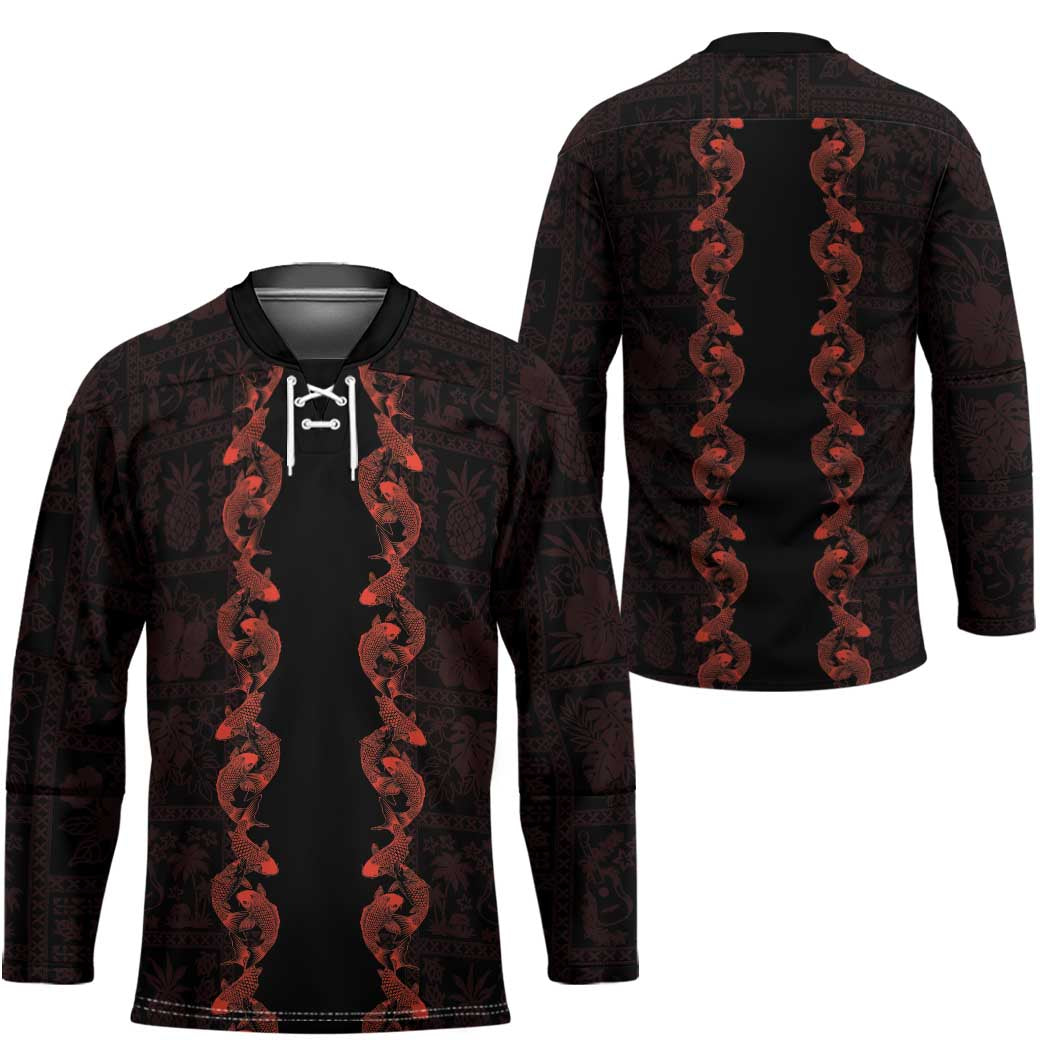 Hawaii Japan Koi Fish Red Hockey Jersey Tapa Pattern - Polynesian Pride