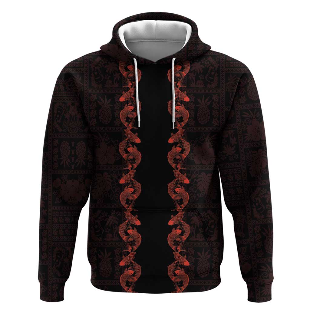Hawaii Japan Koi Fish Red Hoodie Tapa Pattern - Polynesian Pride