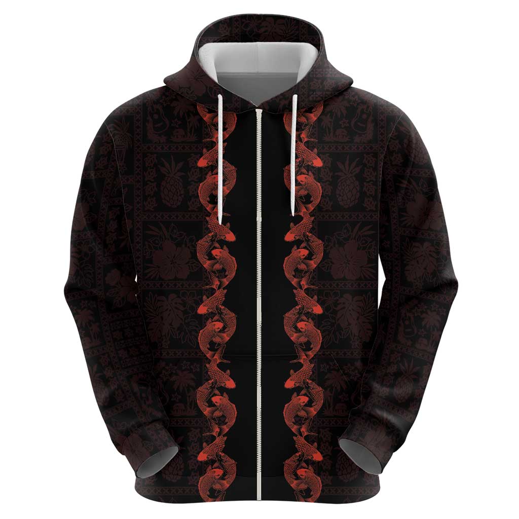 Hawaii Japan Koi Fish Red Hoodie Tapa Pattern - Polynesian Pride