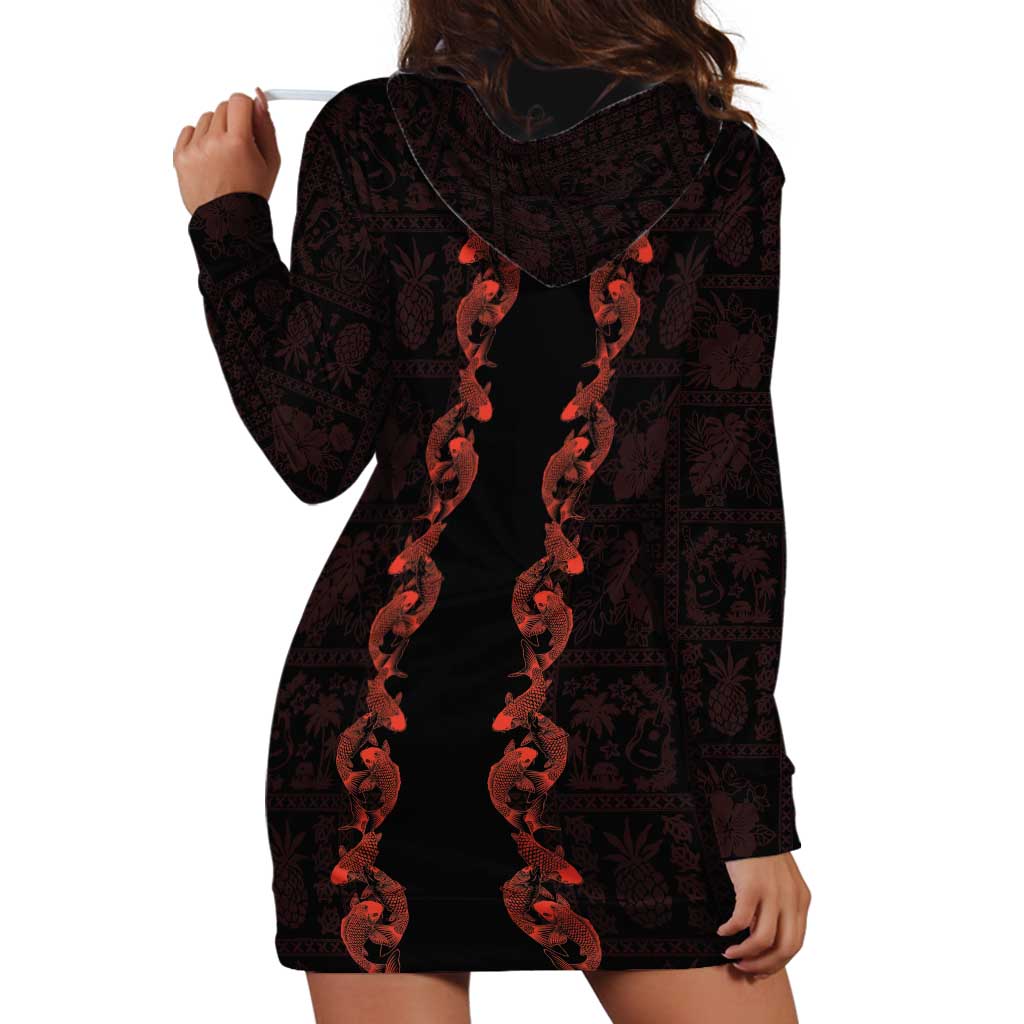 Hawaii Japan Koi Fish Red Hoodie Dress Tapa Pattern - Polynesian Pride