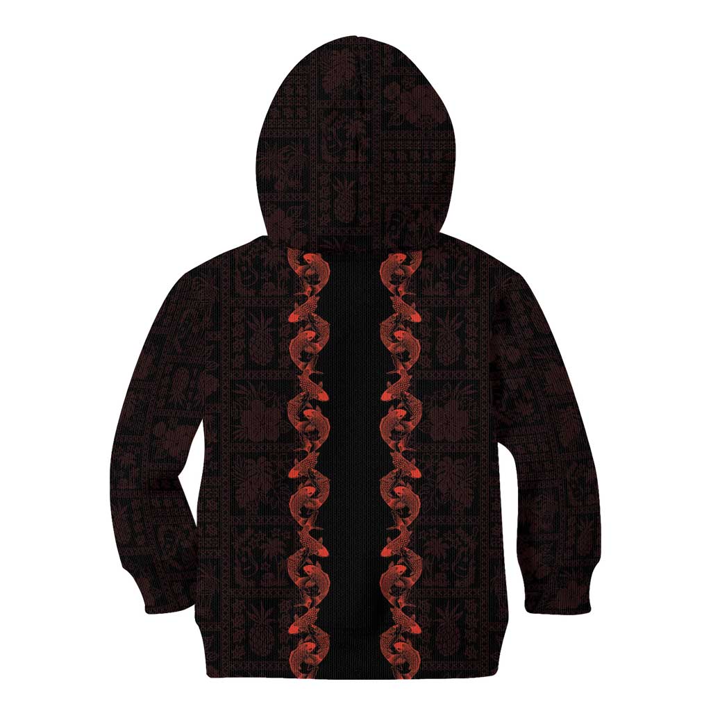 Hawaii Japan Koi Fish Red Kid Hoodie Tapa Pattern - Polynesian Pride