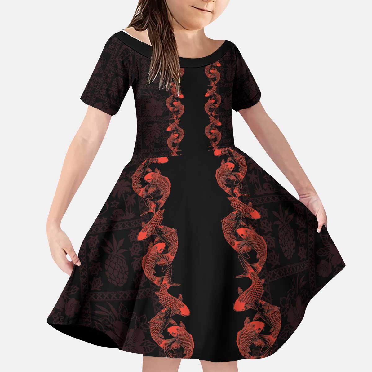Hawaii Japan Koi Fish Red Kid Short Sleeve Dress Tapa Pattern - Polynesian Pride