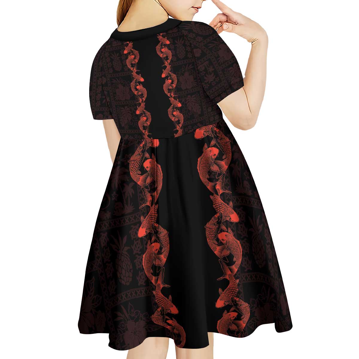 Hawaii Japan Koi Fish Red Kid Short Sleeve Dress Tapa Pattern - Polynesian Pride
