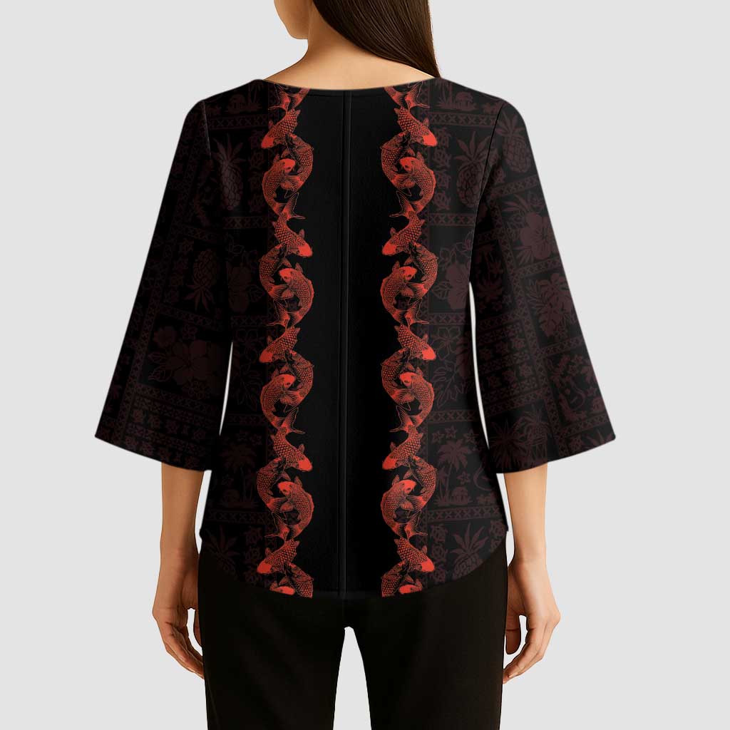 Hawaii Japan Koi Fish Red Kimono Sleeve Blouse Tapa Pattern - Polynesian Pride