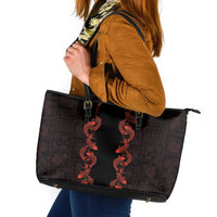 Hawaii Japan Koi Fish Red Leather Tote Bag Tapa Pattern - Polynesian Pride